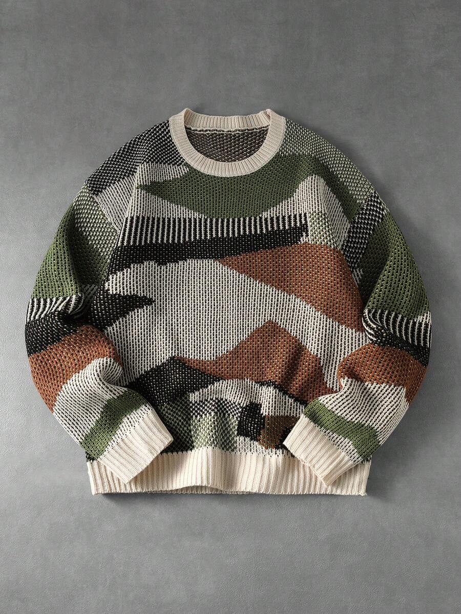 ROMWE MEN Men's Colorblock Crew Neck Long Sleeve Casual Loose Fit Sweater - Green - View 1