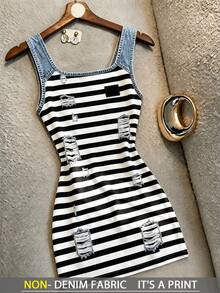 Resyla Women's Striped Colorblock Tank Mini Dress, Printed Sleeveless Pencil Bodycon Dress, Y2K Style Casual Nightclub Outfit, Women's U-Neck Sleeveless Striped Tight Dress, Printed Slim Fit Short Dress, Y2K Retro Striped Colorblock Spaghetti Strap Dress, Printed Waist-Cinching Tight Mini Nightclub Dress - Multicolor - View 3
