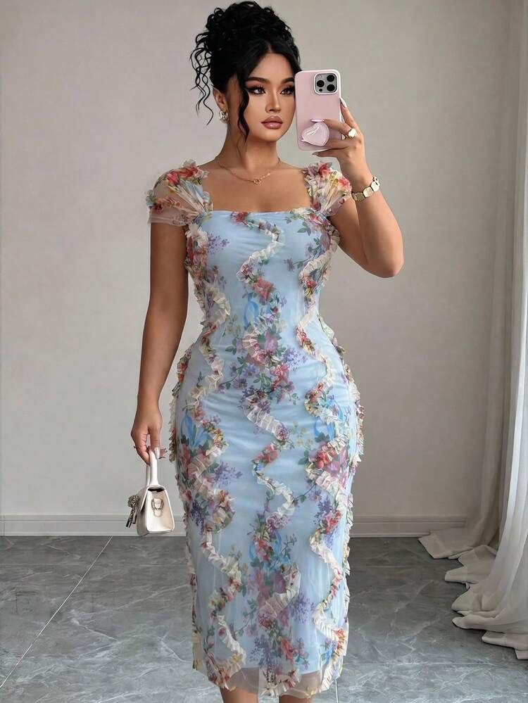 Elenzga Plus Size Women's Elegant Romantic Random Floral Print Ruched Waist Midi Dress, Suitable For Wedding, Party, Date And Other Occasions In Spring/Summer - Blue - View 1