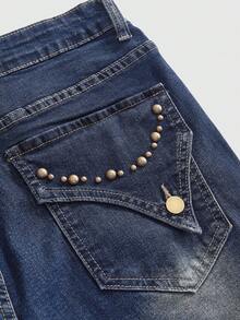 ROMWE Hippie Crown Rhinestone Gemstone Applique Furry Denim Plus Size Capri Pants - Blue - View 5