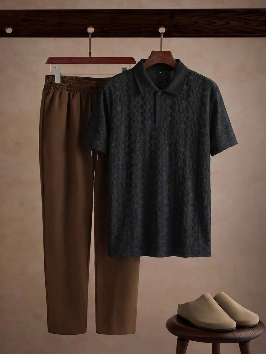 Core Aspect 男士 2 件套 Polo 套裝,紋理布料對比領 Polo 衫 + 抽繩休閒長褲,日常通勤穿搭 - 彩色 - 查看 1
