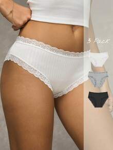 Wedaily Women's Casual Knitted Multicolor Briefs With Contrast Lace Trim Medium Stretch Panties - Multicolor - View 6