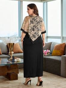 Modelyn Plus Size Women's Shawl Cape 2 In 1 Sleeveless Round Neck Fitted Elegant Party Comfortable Spring/Summer Outing Dress - Black - View 2