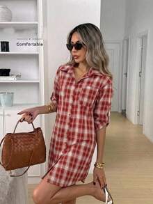Easowa Women's Plaid Single-Breasted Casual Business Graduation Party Everyday Golf Office Midi Dress Back-To-School Red And White Plaid Summer 4th Of July - Red and White - View 4