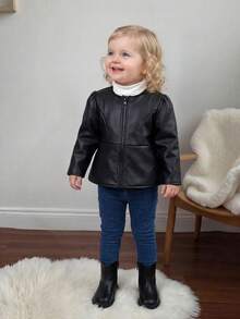 SHEIN Baby Girl Cute Versatile Black Thermal Lined Jacket Coat For Autumn/Winter - Black - View 4