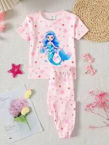 SHEIN 女童夢幻美人魚星光圖案印花 UV 光感螢光發光 甜美可愛風 針織彈性布料 舒適柔軟圓領短袖長褲緊身睡衣套裝 2件組 - 粉色 - 查看 7