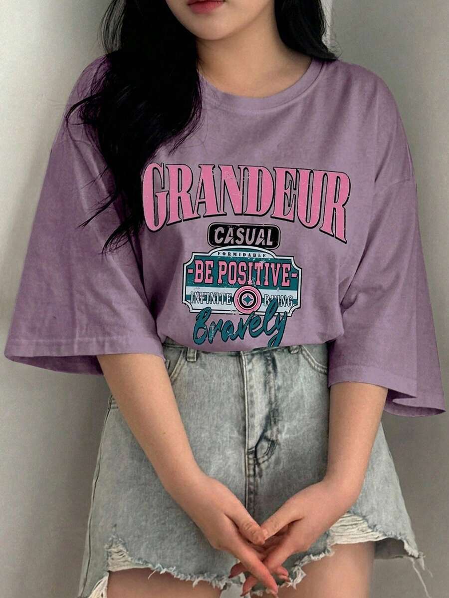 Dazy Plus Kaos Kasual Longgar Leher Bulat dengan Cetakan Huruf Grafis untuk Anak Perempuan, Atasan Lucu Musim Semi/Panas, Kaos Oversize untuk Wanita - Dusty Purple - View 1