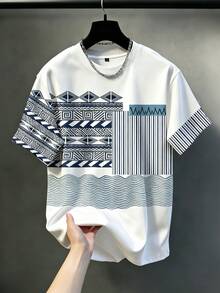 Manfinity Homme Casual Comfortable Plus Size Men's Fashion Versatile Geometric Striped Print Short Sleeve T-Shirt - Multicolor - View 1