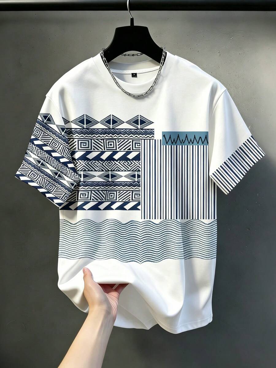 Manfinity Homme Casual Comfortable Plus Size Men's Fashion Versatile Geometric Striped Print Short Sleeve T-Shirt - Multicolor - View 1