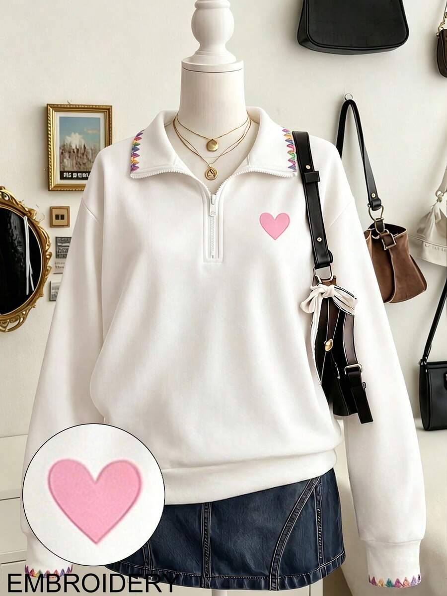 Lalippa 女款愛心刺繡圖案休閒百搭日常穿著長袖運動衫 - 彩色 - 查看 1