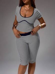 Rustia Damen Große Größen 2-teiliges Set, Strandurlaub minimalistisch lässig Street Sweet gestreift strukturiert Farbblock Kurzarm Top und 3/4 Hose, eleganter neuer Stil - Schwarz und Weiss - Übersicht 5