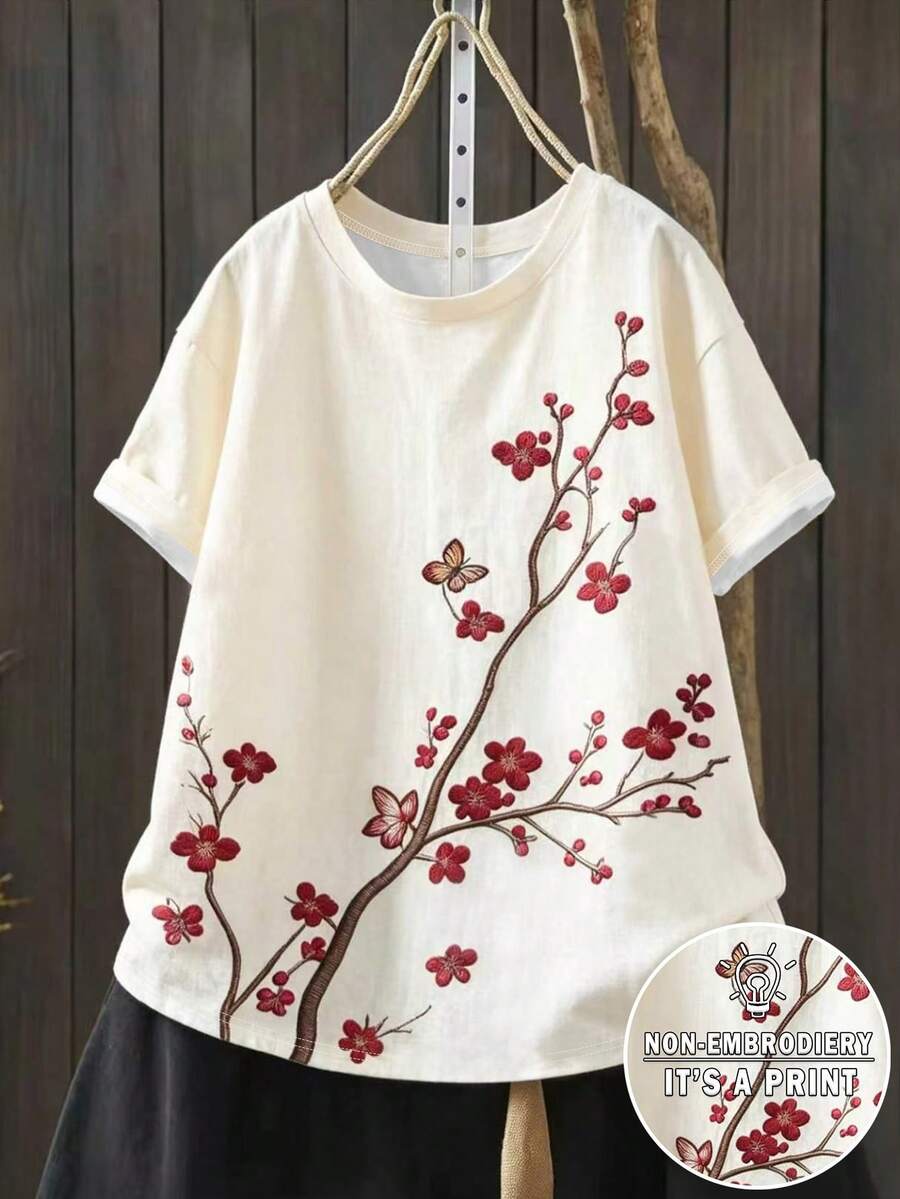 Resyla 女款花卉數位印花圖案寬鬆落肩短袖T恤 - 白色 - 查看 1