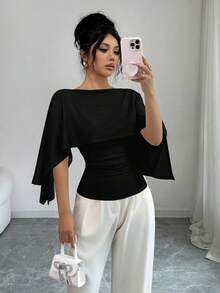 Selianne 新款女款披肩領無袖彈性針織T恤，年輕優雅日常百搭，收腰顯瘦顯高風格 - 黑色 - 查看 5