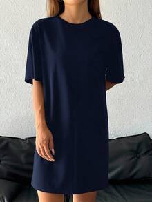 SHEIN EZwear 女款休閒寬鬆海軍藍圓領短袖短洋裝，適合夏季 - 藏蓝色 - 查看 7