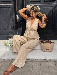 Serisse Casual Minimalist Khaki Striped Women's 2 Pieces Set, Suitable For Summer - Apricot - View 4