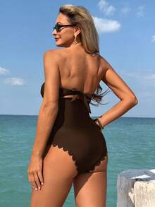 Swim Vcay Elegant Maternity One-Piece Resort Dress With Petal Trim - Brown - View 2