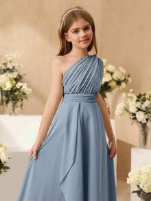 SHEIN Elegantes BlumenTween Mädchen-Kleid für Tween Mädchen zur Hochzeit, gerüschter Chiffon-Schal, wadenlang, formelles Abendkleid im Prinzessinnenstil für Tween Mädchen, für Herbst und Winter - Blau - Übersicht 5