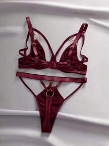 EmpressEnvy Women's Burgundy Shiny Elastic Satin Underwire Fashion Bra With Decorative Strap, Round Buckle, Triangle Cup Hook & Eye Closure, High Waist Thong 2pcs Set - Burgundy - View 2