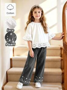 SHEIN 女童 2 件套甜美荷葉邊露肩上衣與串珠牛仔褲，適合夏季日常穿著 - 深灰色 - 查看 4