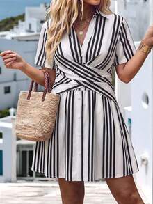 SHEIN LUNE CURVE Plus Size Women's Summer Casual Elegant V-Neck Criss-Cross Tie Waist Regular Shoulder Short Sleeve Black And White Print Shirt Dress Vacation - Black and White - View 6