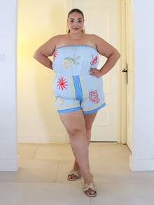 Pretty and Ole Plus Size Women Summer Casual Loose Halter Wide Leg Striped Print Jumpsuit For Beach & Vacation - Blue and White - View 1