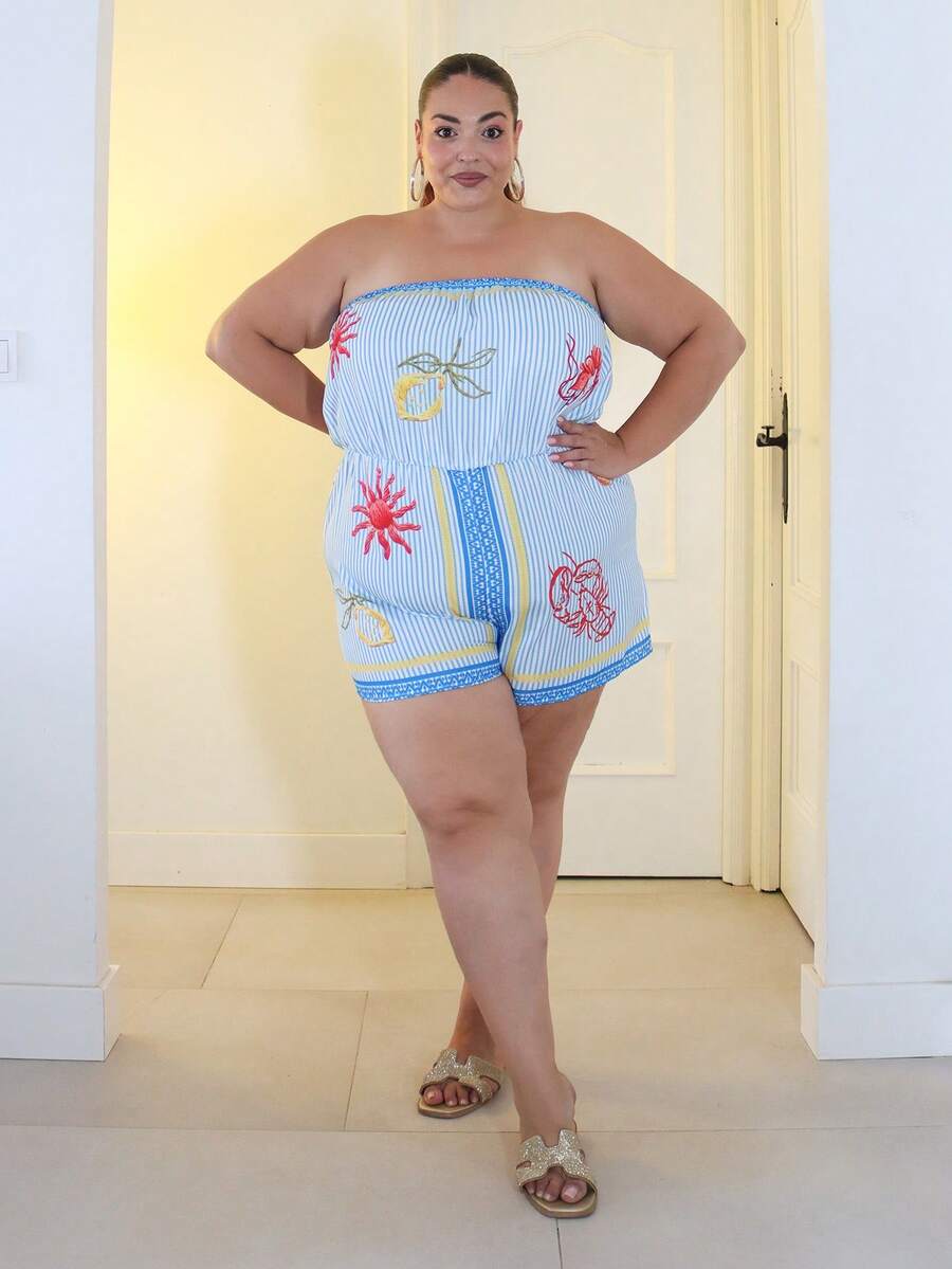 Pretty and Ole Plus Size Women Summer Casual Loose Halter Wide Leg Striped Print Jumpsuit For Beach & Vacation - Blue and White - View 1