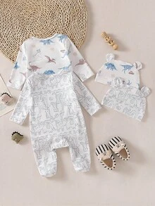 SHEIN 新生兒連身長袖褲裝連身衣與帽子睡衣家居服套裝，新品上市，可愛恐龍、長頸鹿、大象、獅子、老虎、鱷魚及其他趣味圖案印花組合 - 彩色 - 查看 3