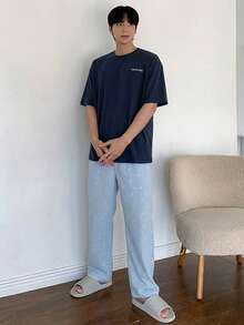 DAZY Men's Summer Letter Print T-Shirt And Plaid Pants Pajama Set - Multicolor - View 3