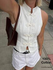 Opulessa Women's Solid Color Woven Off-Shoulder Fitted Tank Top For Vacation - White - View 2