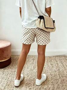 EMERY ROSE Plus Size Polka Dot Print Drawstring Waist Pocket Casual Shorts - Black - View 2