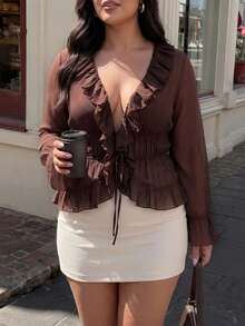 Vionelle Plus Size Women's Summer Autumn New Versatile Ruffle Tie Chiffon Long Sleeve Blouse, Semi-Sheer Ruched Waist Top, Suitable For Elegant Outfits, Versatile, Streetwear, Commuting, Dating - Brown - View 4