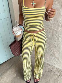Aloruh Setelan Kasual Musim Panas/Semi Wanita Warna Kuning Minimalis Bergaris Motif Blok Warna untuk Liburan, Atasan Camisole dan Celana Panjang dengan Tali Pinggang, 2 Potong - Kuning - View 5