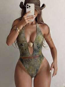 Swim Glamine DivaQ 波希米亞熱帶性感辣妹風露背掛脖連身泳衣 橄欖綠 夏季海灘派對度假款 - 軍綠色 - 查看 8