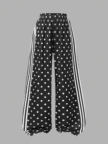 SHEIN 女童高腰抽繩下擺波點休閒長褲 - 黑色 - 查看 3