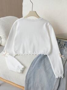 SHEIN 女童白色短版針織開襟衫，蕾絲飾邊、圓領、長袖、蝴蝶結裝飾，百搭春秋輕便披肩式針織外套 - 白色 - 查看 2