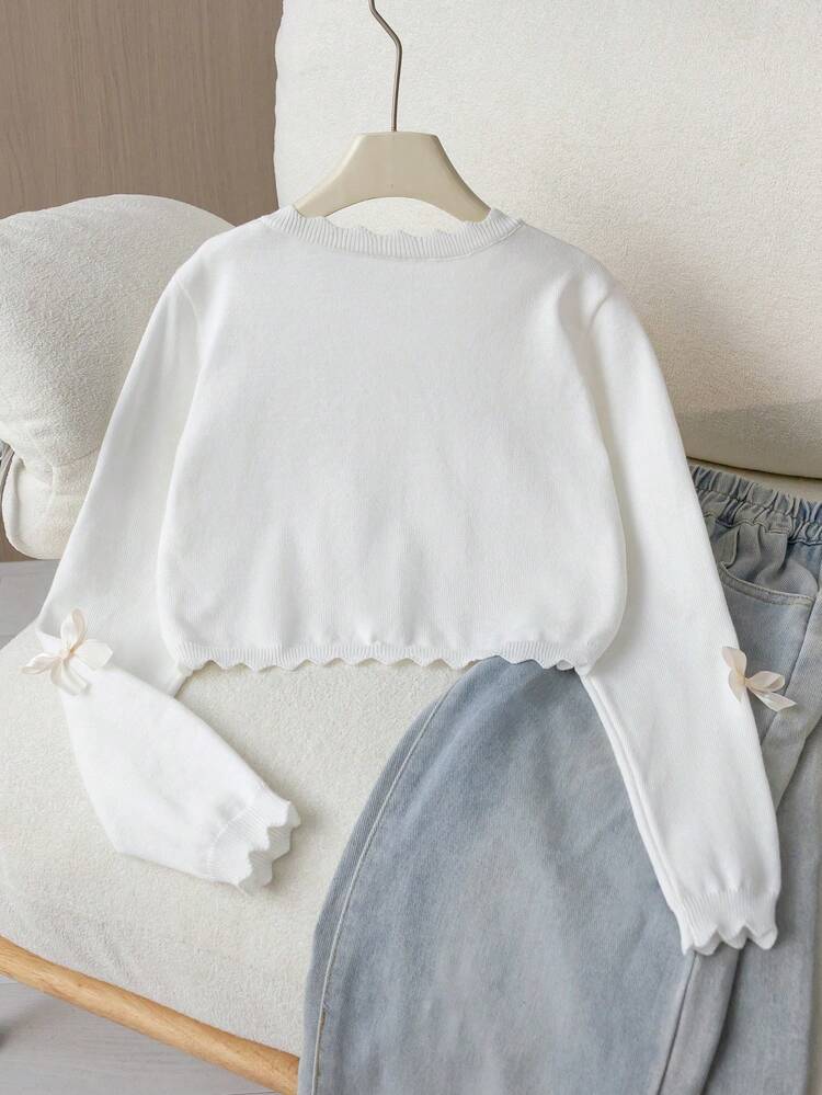 SHEIN Girls' White Short Knit Cardigan With Lace Trim, Round Neck, Long Sleeves, Bow Decor, Versatile Spring/Autumn Lightweight Shawl Sweater Jacket - White - View 2