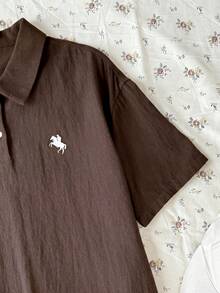 Teen Girl Brown Polo Collar Embroidered Pattern Ruffle Hem Casual Dress, School Uniform Style, Suitable For School, Outdoor Activities, Shopping, Daily Wear KIDS - Brown - View 3