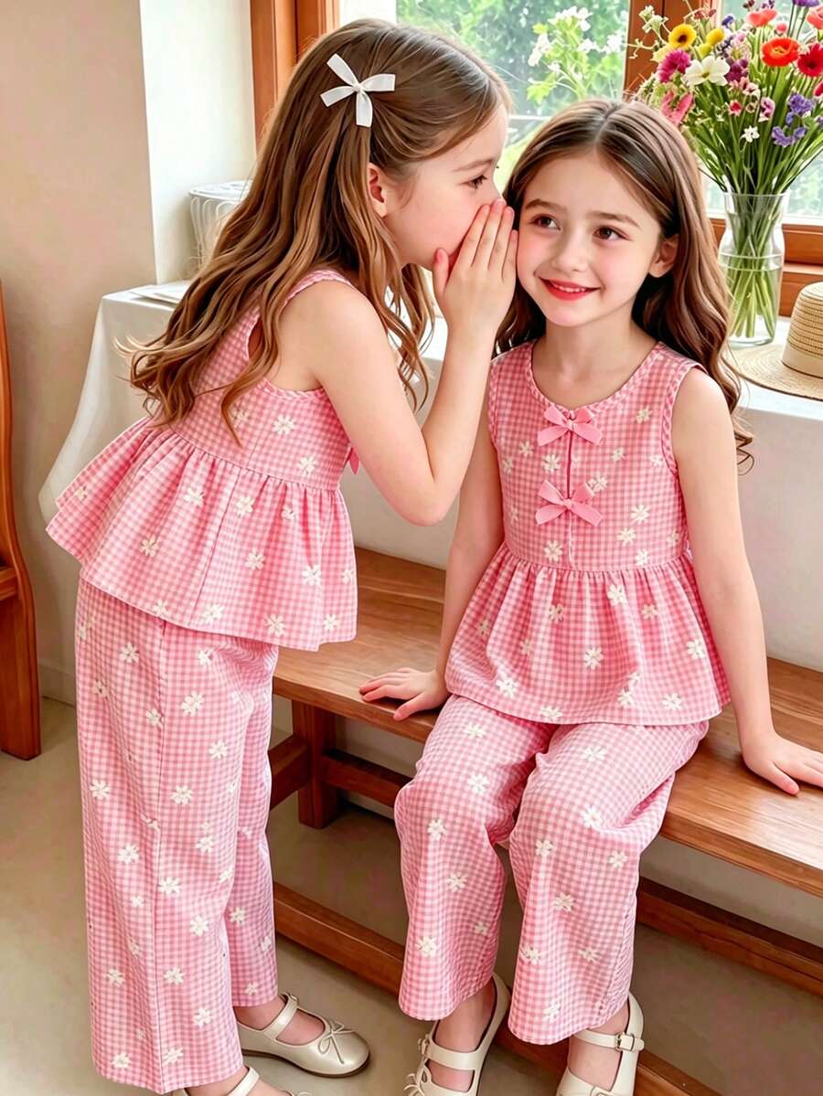 SHEIN Elladie kids 女童新款清新田園風精緻碎花兩件套,棕色蝴蝶結裝飾無袖背心上衣 + 同款碎花寬腿長褲,甜美可愛時尚日常穿搭,夏季 - 粉色 - 查看 1