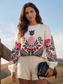CAJUNI Women's Floral Pattern Casual Versatile Daily Wear Long Sleeve Sweater - Multicolor - View 3