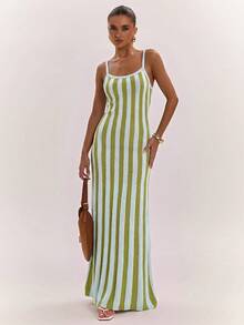 SHEIN BAE Rochie cami bodycon elastică pentru femei, stil matur, cu efect de lașiere, talie evazată, rochie de bază tricotată, versatilă pentru uz zilnic casual și navetă - Multicolor - Vizualizare 4
