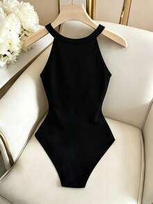 SHEIN Franclia Women's Colorblock Casual Versatile Daily Wear Bodysuit - Black - View 4