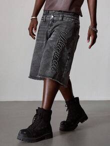 ROMWE MEN Street Life Men's Denim Shorts, Vintage Washed Black Gray Embossed Letter Design, Double Waistband Raw Hem Loose Wide Leg Denim Bermuda Pants, Loose Straight Leg Hip-Hop Street Style Distressed Denim Mid-Length Shorts - Grey - View 6