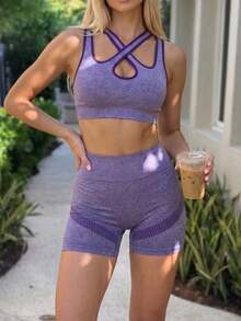 Fluxe Women's Contrast Color Splice Hollow Out Sports Set Polewear - Purple - View 3