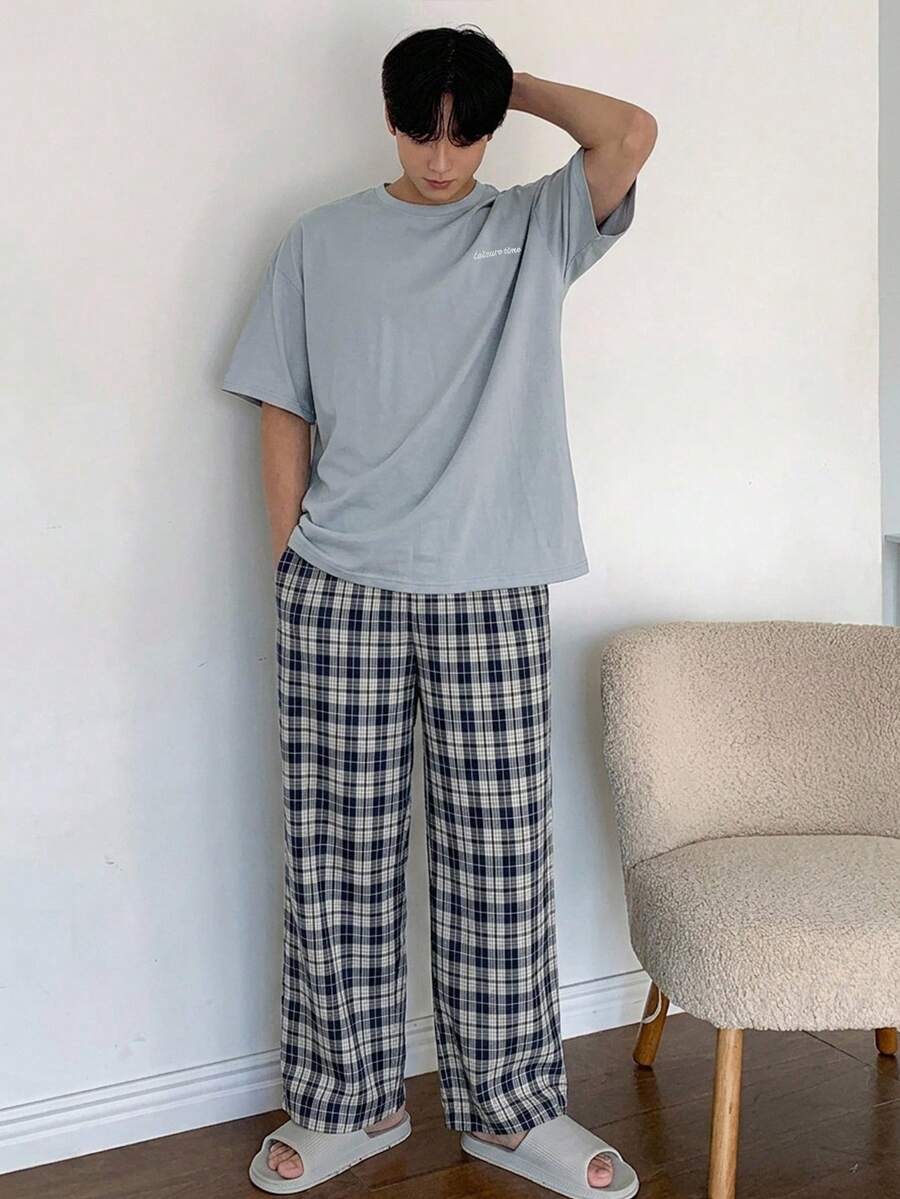 DAZY 男士夏季銀灰色短袖T恤與格紋長褲居家休閒套裝睡衣 - 彩色 - 查看 1