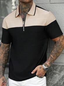 Manfinity CasualCool 男士夏季休閒拼色拼接短袖 Polo 衫 - 黑色 - 查看 1