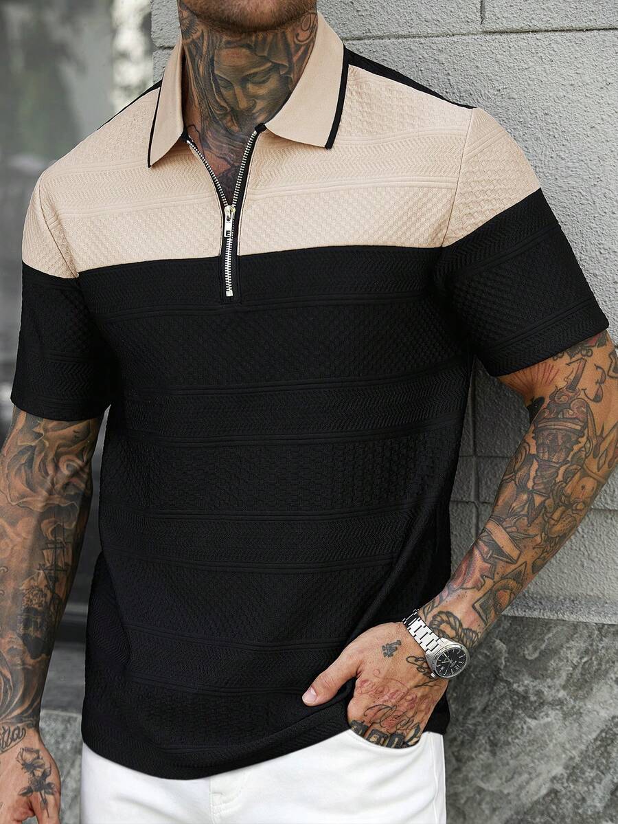 Manfinity CasualCool 男士夏季休閒拼色拼接短袖 Polo 衫 - 黑色 - 查看 1