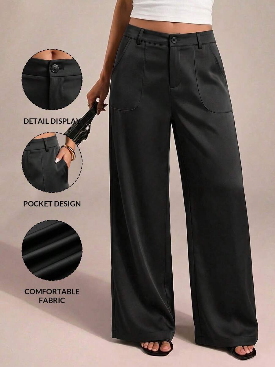 SHEIN PETITE CURVE Plus Size Women's Black Autumn Smart Casual Everyday Pants, CURVE Petite High-Waisted Wide Leg Loose With Pockets, Elegant Office Bussines Gym