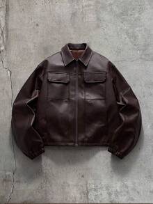 AXEPEAK Men's Solid Color PU Leather Zipper Placket Cargo Pocket Jacket - Khaki - View 5