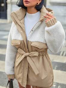 EURMUSE Faux Fur Jacket – Ultra-Warm Cropped Design With Plush Velvet Texture, Oversized Collar & Quilted - Beige - View 1