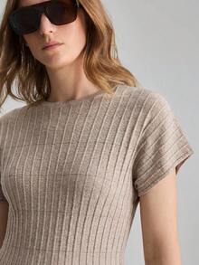 Ontre Women's Solid Color Round Neck Batwing Short Sleeve Cinched Waist Ruffle Hem Knit Top - Mocha Brown - View 6